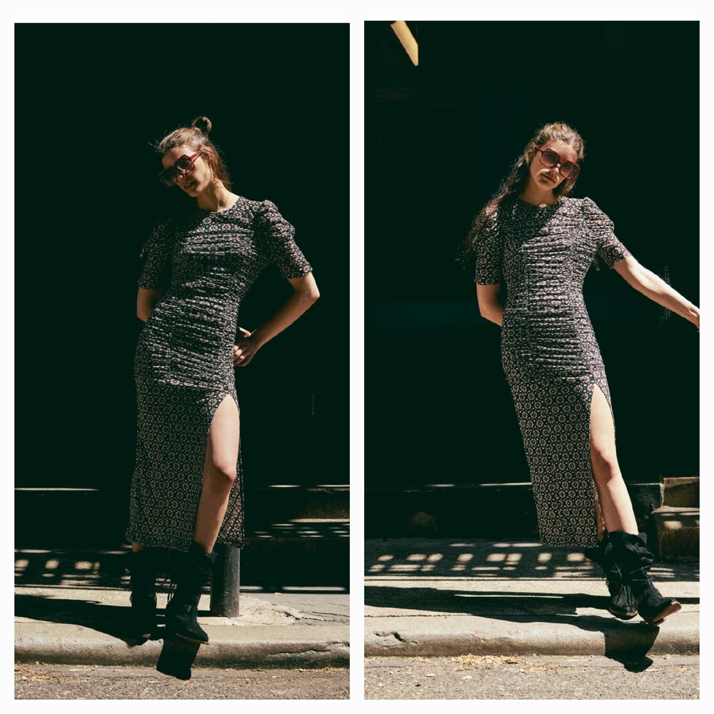 Free People Briella Floral Blue and Green Ruched Dress